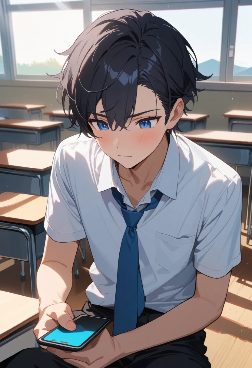masterpiece, best quality, extremely detailed, ultra detailed, flat anime, 2D, ((1boy)),black hair, (short hair:1.5),blue eyes, height 1.7meters, (circle eyes:1.2), (young adult:1.2), Ear-length sideburns,height 1.7meters, High School Uniforms, white shirt, blue tie, ((short sleeves)), ((long pants)), sitting, closed mouth, thinking, upper body, summer, classroom, 11AM,looking at his smart phone., Operating a smart phone, baby face, bangs