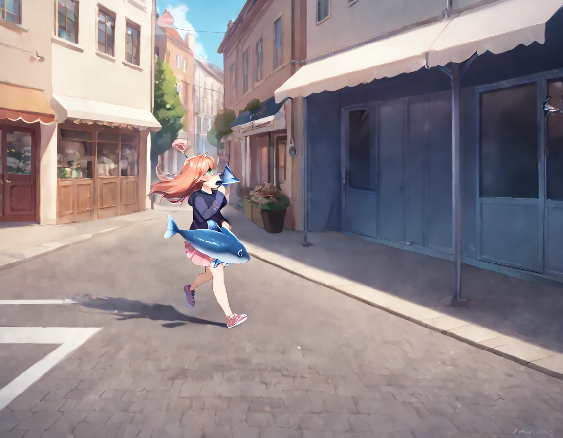 masterpiece, best quality, extremely detailed, on the street, ((a cat running away with a fish in its mouth)),