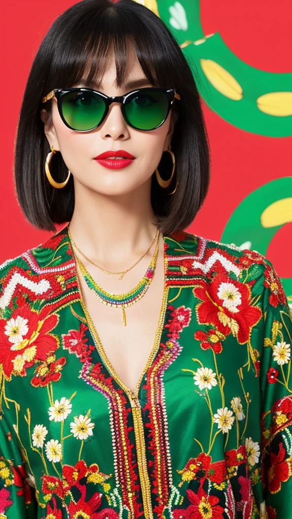 The features of this image are as follows
1. a woman is in the picture
2. bob cut with black hair
3. wearing red rimmed sunglasses
4. wearing bright red lipstick
5. wearing colorful clothing with a floral pattern
6. green background
7. wearing a beaded necklace around her neck
8. wearing large earrings
These are the main characteristics of the image.