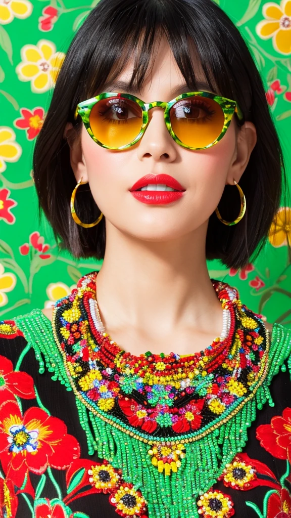 The features of this image are as follows
1. a woman is in the picture
2. bob cut with black hair
3. wearing red rimmed sunglasses
4. wearing bright red lipstick
5. wearing colorful clothing with a floral pattern
6. green background
7. wearing a beaded necklace around her neck
8. wearing large earrings
These are the main characteristics of the image.