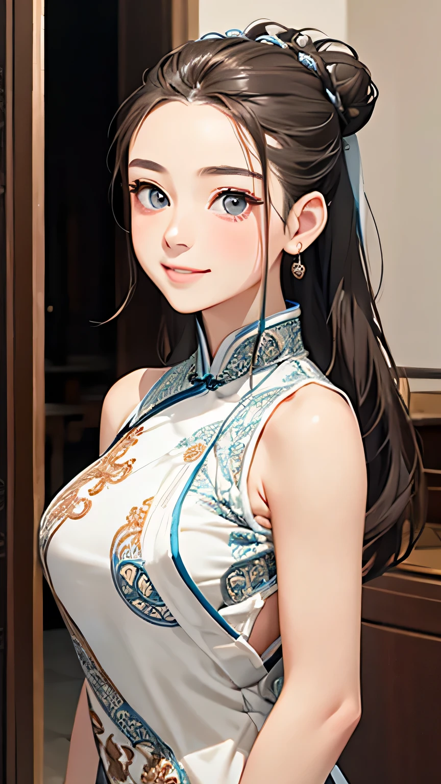 Highest quality、Realistic、girl、zoom、cute、Grey Eyes、Hair Bun、Chestnut Hair、Back to all、the forehead is protruding、White Chinese Dress、Looking down、Big smile、Bust Shot、thin、Large Breasts