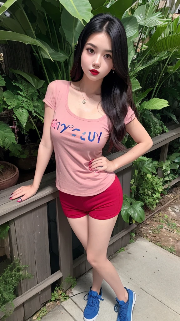 a very cute girl, solo, young, wearing good t-shirts and short pants,medium breast, standing, long hairs, red lips, at camp, realistic face, full body, blue shoes, background jungle, black hair, pink asesoris 