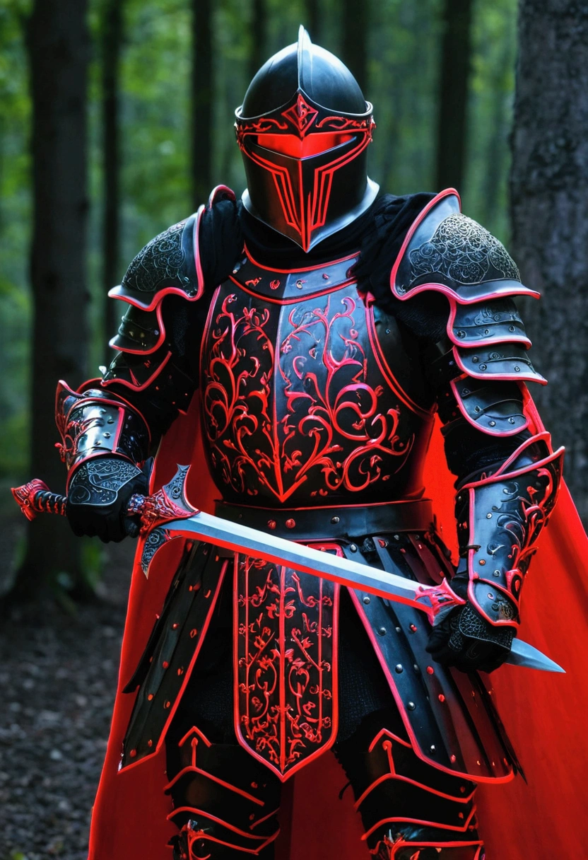 (black knight:1.1,red aura) (full covered armor,black Sallet helm) (intense fighting pose) (neon red trimming,black long sword) (fighting another random knight) (more cooler)