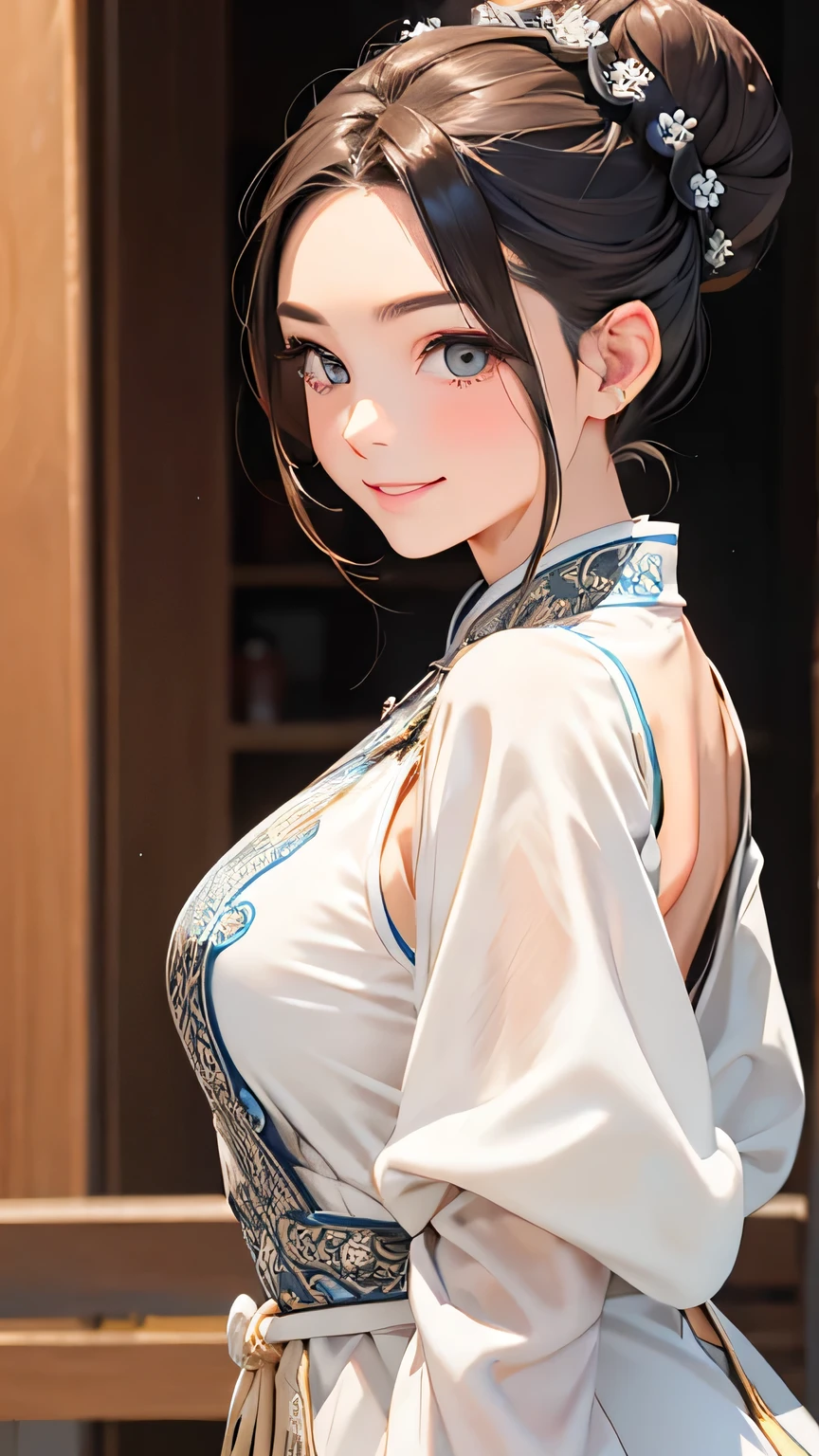 Highest quality、Realistic、girl、zoom、cute、Grey Eyes、Hair Bun、Chestnut Hair、Back to all、the forehead is protruding、White Chinese Dress、Looking down、Big smile、Bust Shot、thin、Large Breasts