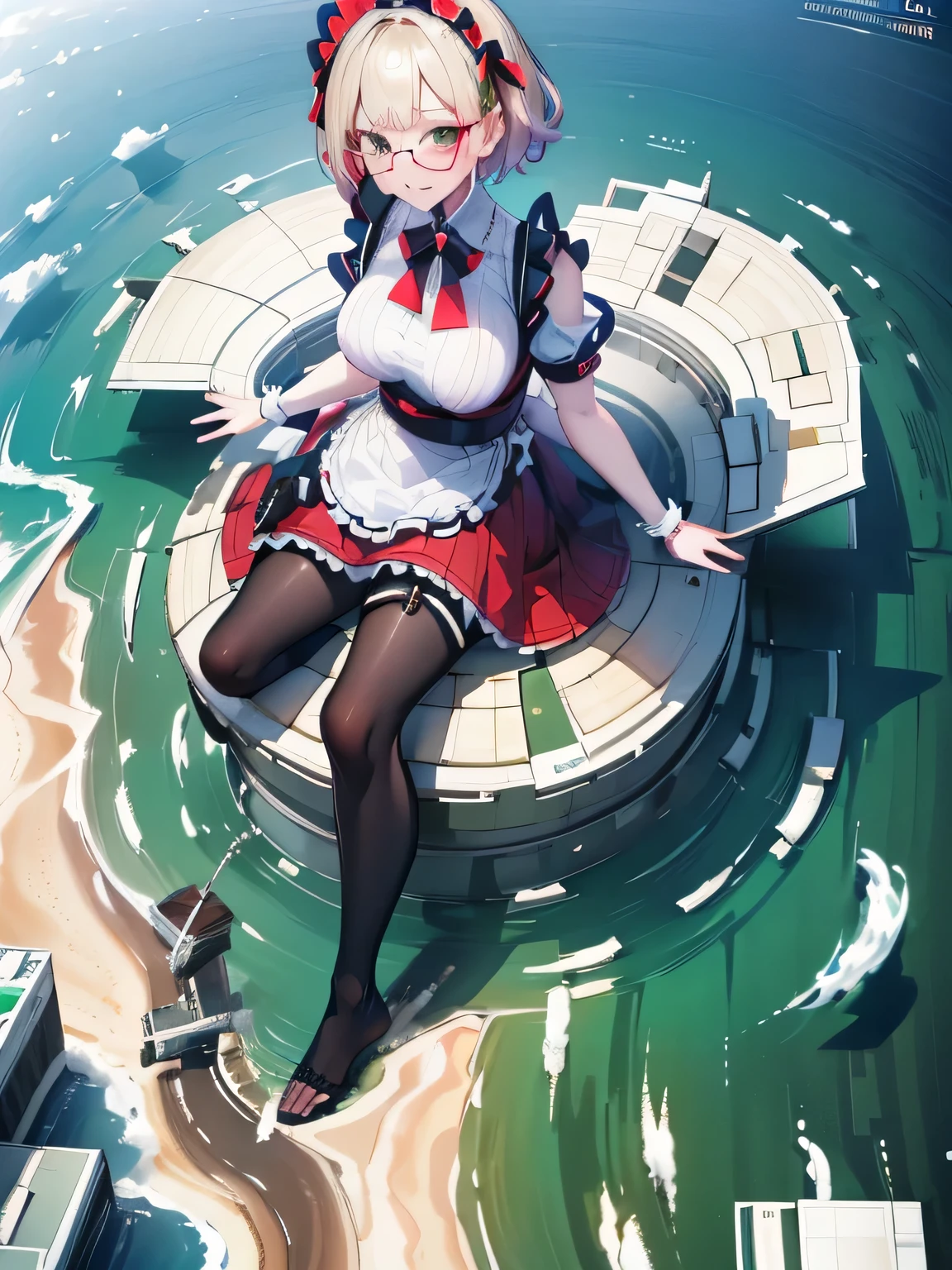 multiple girls, giantess art, highly detailed giantess shot, giantess, most detailed, perfect face, two legs, five fingers, short hair, beautiful girl bigger than a skyscraper, wearing rimless glasses, smiling, huge breasts, maid outfit, black pantyhose, no shoes, toes visible through pantyhose, steam coming out of soles of feet, seaside metropolis, ocean, numerous miniature warships on the sea, destroying city, under heavy attack, very small metropolis, miniature metropolis, full body depiction, GTS, giga giant, trampling city, crashed city, small city, micro city, pantyhose feet, high resolution, best quality, masterpiece,
