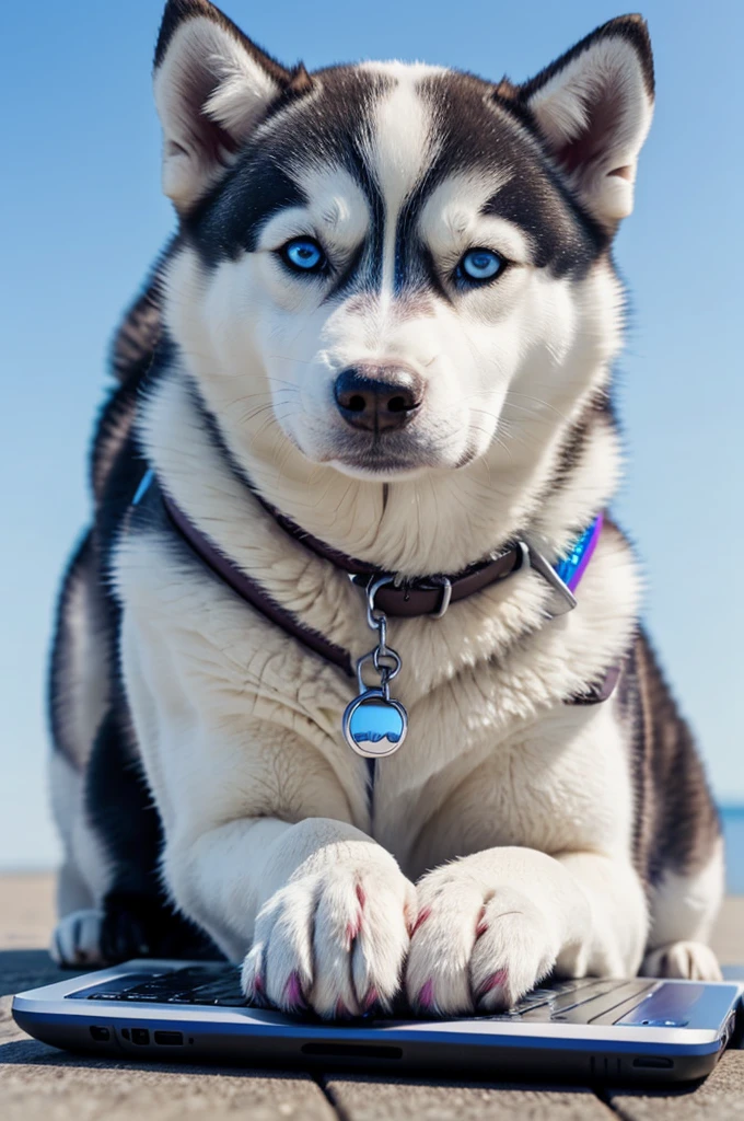 Create me 3 pictures. 1x Husky with blue eyes on the laptop 1x Husky with blue eyes on the PC 1x Husky on the smartphone