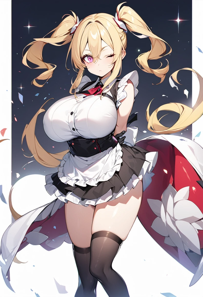 (One girl)、(medium length hair)、(sidelock)、((Blonde))、(slan eyes)、（boyish）、beautiful、(Big super breasts)、((Chubby))、Maid、No sleeve、mini skirt、White sleeveless、thigh-high socks thighhighs、(long gloves)、hairs between eyes、(coarse hair)、[flipped hair]、pink eye、expressionless、one eye closed、arm behind back、two side up、White Background、