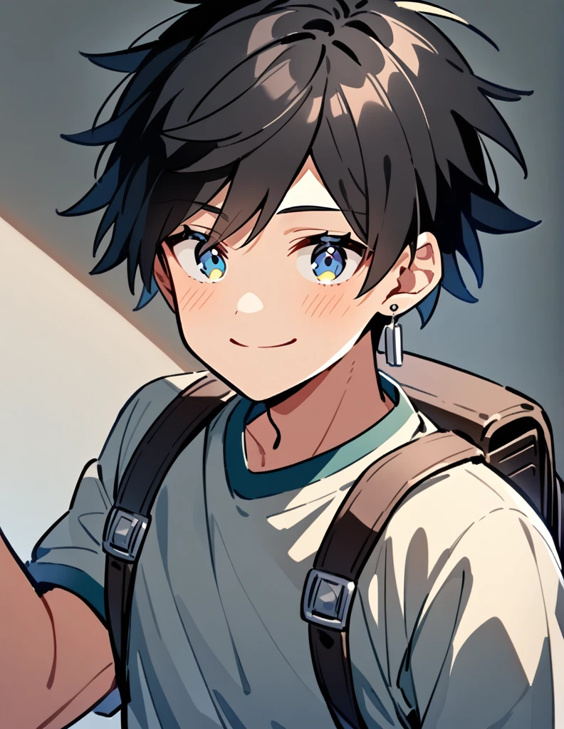 16 year old teenage boy, shoulder length black hair, wearing a and braces, wearing silver earrings, with a backpack and giving a small smile