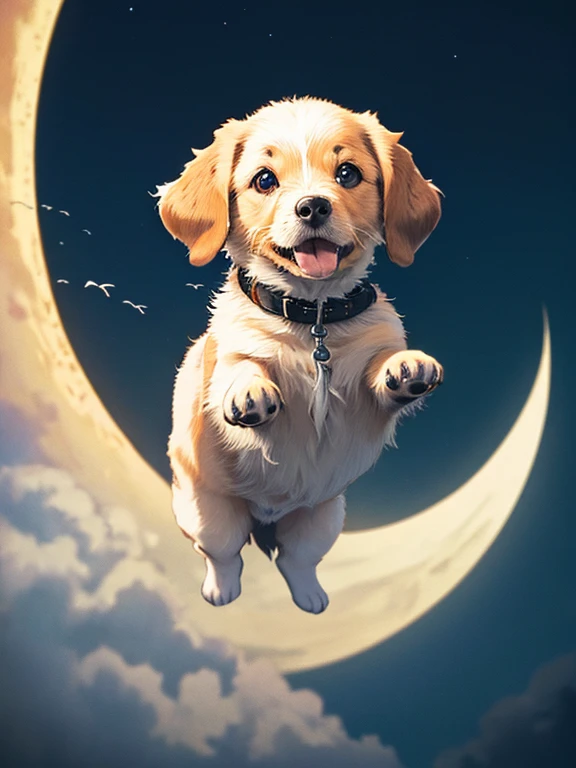 Flying Puppy, masterpiece, moon, uhd, retina, masterpiece, ccurate, anatomically correct, textured skin, super detail, high details, high quality, best quality, highres, 4K