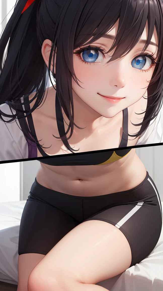 HimejimaAkeno, 1girl, closed mouth, smile, blush, black hair, long hair, purple eyes, ponytail, red ribbon,
BREAK (yellow jacket, open jacket, sports bra, bike shorts, midriff:1.2)
BREAK beautiful face,smiling,close up to hips, moderate breast, sitting on beds, (open mouth:0.4),portrait style,vivid colors,soft lighting, blushing, mature,
BREAK (masterpiece:1.2), best quality, high resolution, unity 8k wallpaper, (illustration:0.8), (beautiful detailed eyes:1.6), extremely detailed face, perfect lighting, extremely detailed CG, (perfect hands, perfect anatomy),