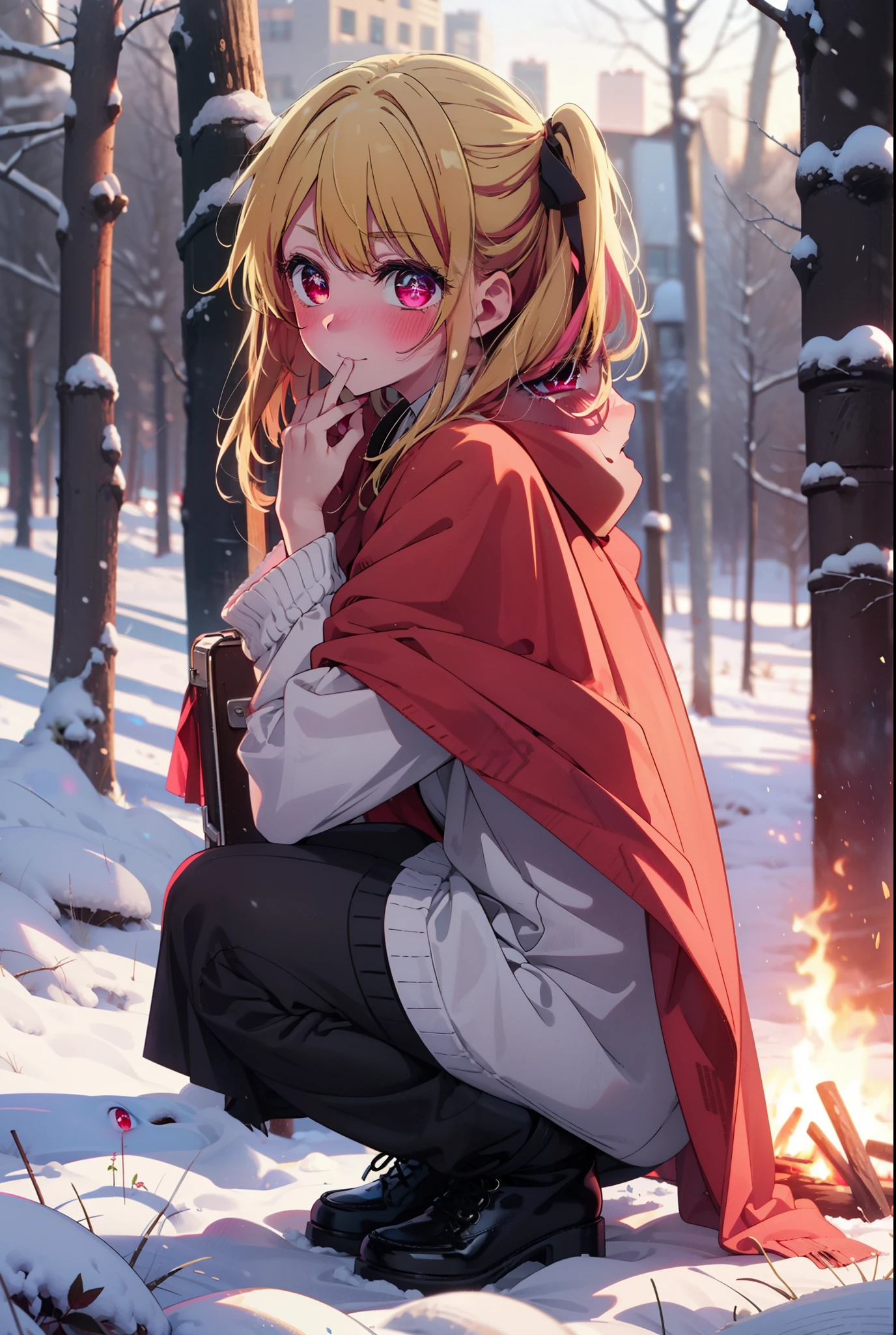 rubyhoshino, Hoshino Ruby, Long Hair, bangs, blonde, (Pink Eyes:1.3), Side Lock, (Symbol-shaped pupil:1.5), Multicolored Hair, Two-tone hair, smile,,smile,blush,white breath,
Open your mouth,snow,Ground bonfire, Outdoor, boots, snowing, From the side, wood, suitcase, Cape, Blurred, , forest, White handbag, nature,  Squat, Mouth closed, Cape, winter, Written boundary depth, Black shoes, red Cape break looking at viewer, Upper Body, whole body, break Outdoor, forest, nature, break (masterpiece:1.2), Highest quality, High resolution, unity 8k wallpaper, (shape:0.8), (Beautiful and beautiful eyes:1.6), Highly detailed face, Perfect lighting, Extremely detailed CG, (Perfect hands, Perfect Anatomy),