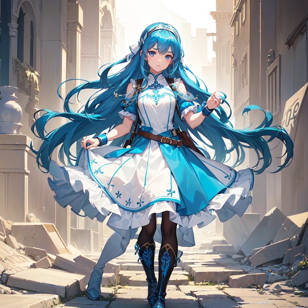 (One Girl,Front facing,Standing,Delicate facial expression:1.6), (anime,8k,masterpiece, Highest quality, Highest quality,beautifully,aesthetic:1.2,Professional illustrations:1.2,Super detailed:1.3), Very detailed, Most detailed, Brilliant, High resolution, Super detaileded, Very exquisite beautiful face and eyes, Emphasize the chest,A blue and white tunic with a breastplate,Blue mini skirt,tights,head band,Wristband,boots,