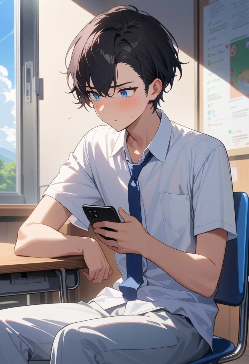 masterpiece, best quality, extremely detailed, ultra detailed, flat anime, 2D, ((1boy)),black hair, (short hair:1.5),blue eyes, height 1.7meters, (circle eyes:1.2), (young adult:1.2), Ear-length sideburns,height 1.7meters, High School Uniforms, white shirt, blue tie, ((short sleeves)), ((long pants)), sitting, closed mouth, thinking, upper body, summer, classroom, 11AM,looking at his smart phone., Operating a smart phone, baby face, bangs