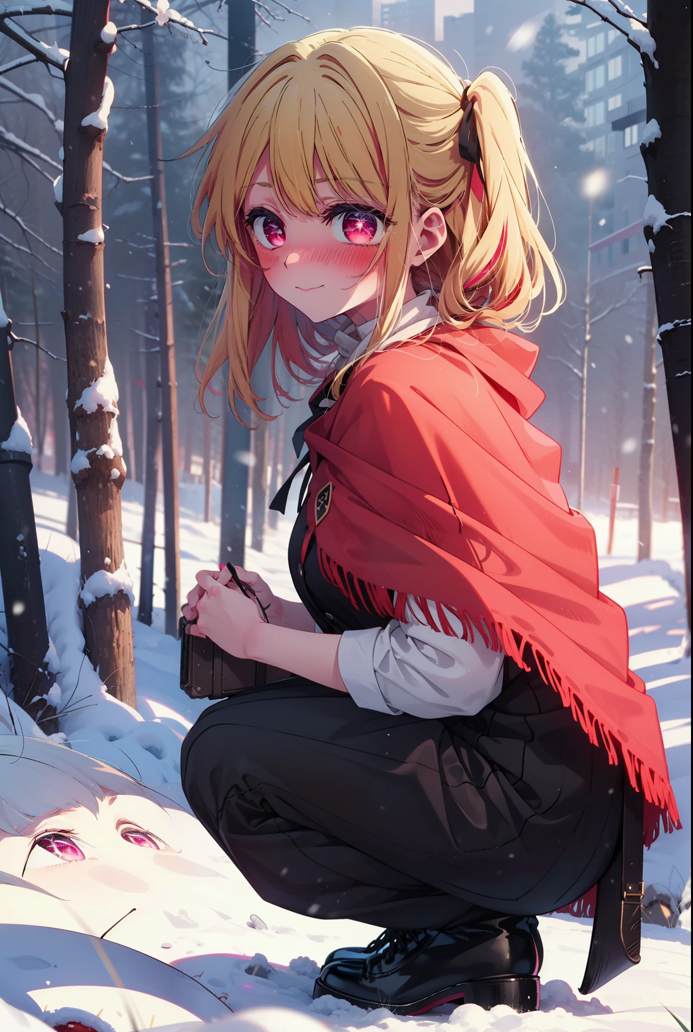 rubyhoshino, Hoshino Ruby, Long Hair, bangs, blonde, (Pink Eyes:1.3), Side Lock, (Symbol-shaped pupil:1.5), Multicolored Hair, Two-tone hair, smile,,smile,blush,white breath,
Open your mouth,snow,Ground bonfire, Outdoor, boots, snowing, From the side, wood, suitcase, Cape, Blurred, , forest, White handbag, nature,  Squat, Mouth closed, Cape, winter, Written boundary depth, Black shoes, red Cape break looking at viewer, Upper Body, whole body, break Outdoor, forest, nature, break (masterpiece:1.2), Highest quality, High resolution, unity 8k wallpaper, (shape:0.8), (Beautiful and beautiful eyes:1.6), Highly detailed face, Perfect lighting, Extremely detailed CG, (Perfect hands, Perfect Anatomy),