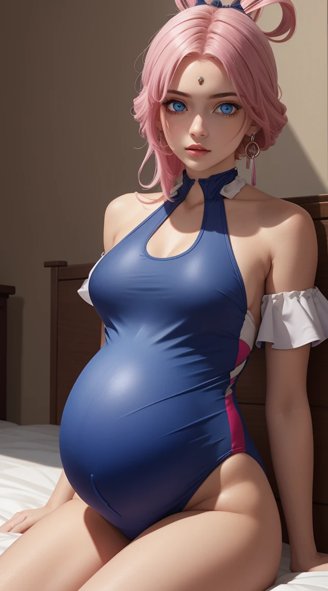pink eye, pink hair,
BREAK (bare shoulders, blue one-piece swimsuit, hair ribbon, halterneck, navel, official alternate costume, one-piece swimsuit:1.2)
BREAK sitting, looking at the viewer, bed,
BREAK (masterpiece:1.2), best quality, high resolution, unity 8k wallpaper, (illustration:0.8), (beautiful detailed eyes:1.6), extremely detailed face, perfect lighting, extremely detailed CG, (perfect hands, perfect anatomy), 1 week pregnant