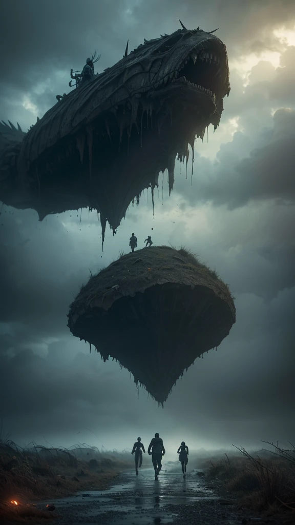 realistic detailed photo, 1 man and 1 woman running, eerie floating creatures in the sky, surreal atmosphere, cinematic lighting, dramatic shadows, highly detailed, hyper realistic, photorealistic, (best quality, 8k, ultra-detailed, masterpiece:1.2), wide angle, (dramatic:1.3), (cinematic:1.2), (realistic:1.37), (horror:1.1), (fantasy:1.1), dramatic lighting, moody colors, dark tones