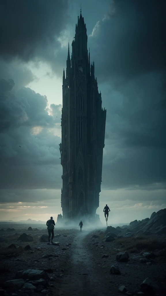 realistic detailed photo, 1 man and 1 woman running, eerie floating creatures in the sky, surreal atmosphere, cinematic lighting, dramatic shadows, highly detailed, hyper realistic, photorealistic, (best quality, 8k, ultra-detailed, masterpiece:1.2), wide angle, (dramatic:1.3), (cinematic:1.2), (realistic:1.37), (horror:1.1), (fantasy:1.1), dramatic lighting, moody colors, dark tones