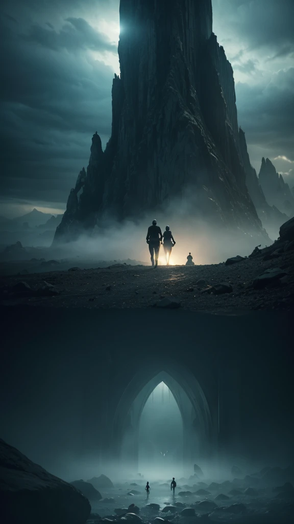 realistic detailed photo, 1 man and 1 woman running, eerie floating creatures in the sky, surreal atmosphere, cinematic lighting, dramatic shadows, highly detailed, hyper realistic, photorealistic, (best quality, 8k, ultra-detailed, masterpiece:1.2), wide angle, (dramatic:1.3), (cinematic:1.2), (realistic:1.37), (horror:1.1), (fantasy:1.1), dramatic lighting, moody colors, dark tones