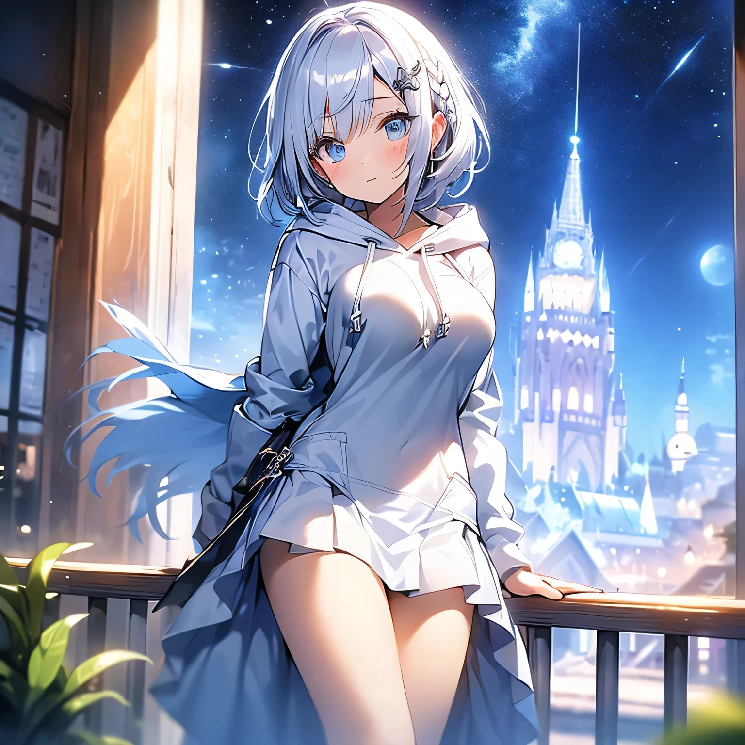 woman、Silver Hair、Short Hair、Braid、Blue Eyes、hair ornaments、Big Breasts、skirt、Wearing a hood、White hoodie combat uniform、Cane、night、moonlight