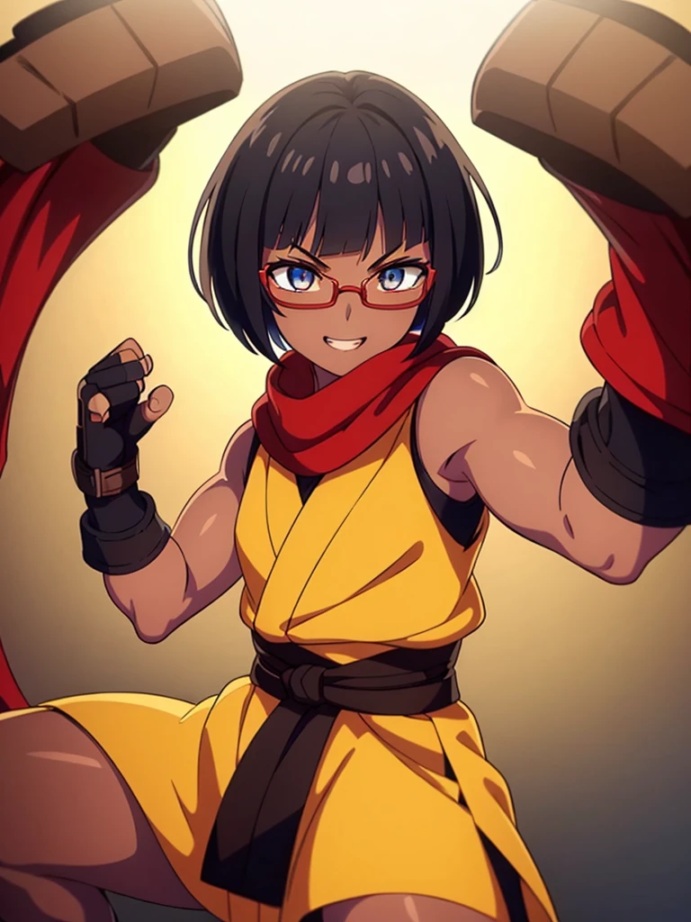 (flat chest), (masterpiece:1.2), highest quality, High resolution, unity 8k wallpaper, (fine and beautiful eyes:1.6), highly detailed face, perfect lighting, Detailed CG, (perfect hands, perfect anatomy), (1 female:1.4), 20 years old,( black hair:1.3), extremely beautiful detailfeminine face and eyes, (grin smile), detailed eyes, best quality,( dark skin:1.8),   extremely detailed, very precise detailed,(glasses:1.3), (blunt bangs:1.3), open mouth, (very short pixie cut:1.2), (geta:1.2),(fingerless gloves:1.5), half closed eyes,long sidelocks,(long red Scarf:1.3),(sleeveless yukata),  (fight stance:1.5),(high kick:1.4)
