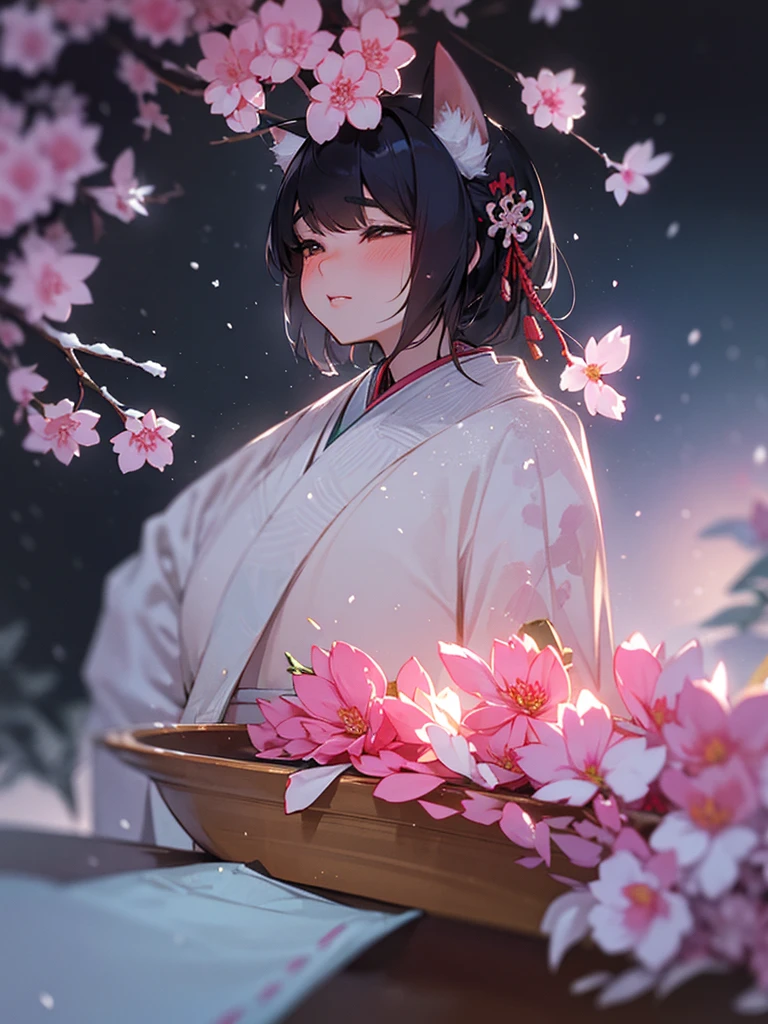 (Sumilux f1.4 50mm , low Latitude old color negative film , cross process , bokeh, flare, chromatic aberration , soft focus, (Shallow focus) , soft glow , Maximum aperture, High Key , Transparent depiction) , kawaii hentai anime , Japanese Heian period , Royal girl, fox ear , (round Maro eyebrows) , kimono, sitting , (Peony flowers blooming:0.8) , closeup face , Snow is falling , steamy breath , with Biwa hōshi , Japanese sake cup , drinking Amazake