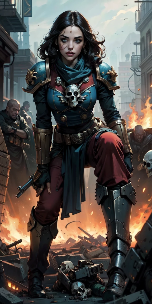 (masterpiece:1.2), (Best Quality:1.2), Perfect eyes, perfect face, perfect lighting, 1 girl, Sororitas mature whore with bolt pistol in hands, scar over one eye, eye patch, by white, skulls on the ground, Warhammer 40K, chaos, fire, Science fiction, Detailed battlefield background