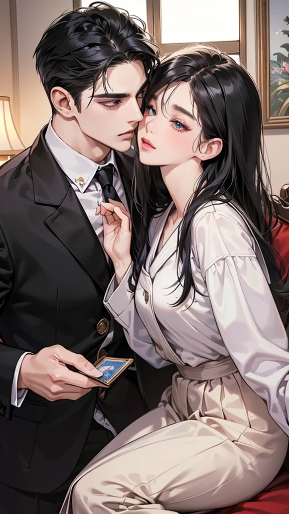 (masutepiece, Digital Art, Digital Illustration, 4K, 8K, Ultra-detailed, beautiful image, Sharp Image, Photorealistic, Raw photo, Perfect face, Perfect lines, Perfect, wear a cloth fold, Soft lighting) 1 woman, (Long Black Hair,straight haired,Bullish gaze,Beautie,Woman in school jackets and school uniforms korea dress ,Solid makeup,23 y-o woman,small tits:,Secretary, Two handsome men in school jackets and school uniforms korean, (ember,Men in suits,well-muscled,Firm shoulder width,Adult male,Boyish hairstyle,english gentlemanly style,Man in his 30s with a cool expression,28-year-old man with bright smile:1.2),Office scene at night,Antique furnishings,Antique Clamps,Antique chair,chandeliers,Parti、a couple、couple kissing、kiss、the kiss、Romance、Kissing