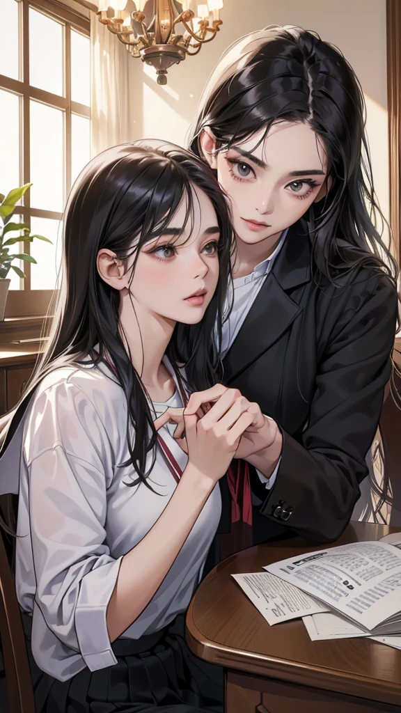 (masutepiece, Digital Art, Digital Illustration, 4K, 8K, Ultra-detailed, beautiful image, Sharp Image, Photorealistic, Raw photo, Perfect face, Perfect lines, Perfect, wear a cloth blindfold, Soft lighting) 1 woman, (Long Black Hair,straight haired,Bullish gaze,Beautie,Woman in school jackets and school uniforms korea dress ,Solid makeup,23 y-o woman,small tits:1.3),Secretary, Two handsome men in school jackets and school uniforms korean, (ember,Men in suits,well-muscled,Firm shoulder width,Adult male,Boyish hairstyle,english gentlemanly style,Man in his 30s with a cool expression,28-year-old man with bright smile:1.2),Office scene at night,Antique furnishings,Antique Clamps,Antique chair,chandeliers,Parti、a couple、couple kissing、kiss、the kiss、Romance、Kissing