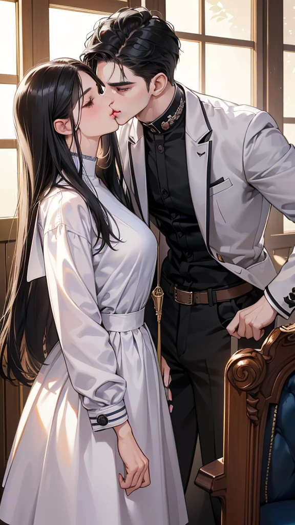 (masutepiece, Digital Art, Digital Illustration, 4K, 8K, Ultra-detailed, beautiful image, Sharp Image, Photorealistic, Raw photo, Perfect face, Perfect lines, Perfect, wear a cloth blindfold, Soft lighting) 1 woman, (Long Black Hair,straight haired,Bullish gaze,Beautie,Woman in school jackets and school uniforms korea dress ,Solid makeup,23 y-o woman,small tits:1.3),Secretary, Two handsome men in school jackets and school uniforms korean, (ember,Men in suits,well-muscled,Firm shoulder width,Adult male,Boyish hairstyle,english gentlemanly style,Man in his 30s with a cool expression,28-year-old man with bright smile:1.2),Office scene at night,Antique furnishings,Antique Clamps,Antique chair,chandeliers,Parti、a couple、couple kissing、kiss、the kiss、Romance、Kissing