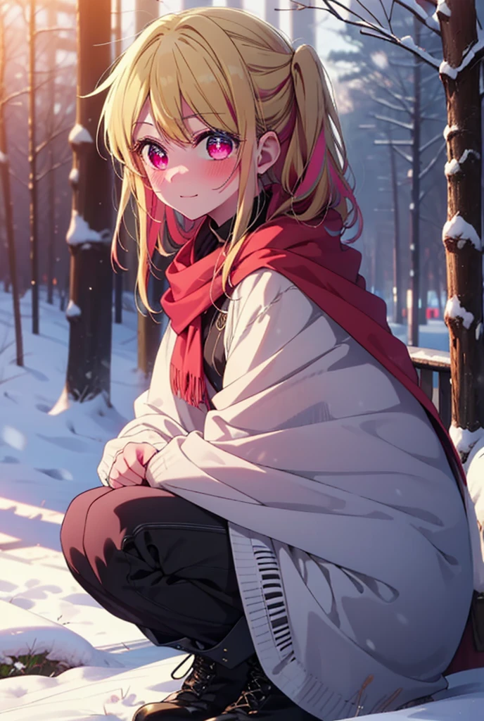 rubyhoshino, Hoshino Ruby, Long Hair, bangs, blonde, (Pink Eyes:1.3), Side Lock, (Symbol-shaped pupil:1.5), Multicolored Hair, Two-tone hair, smile,,smile,blush,white breath,
Open your mouth,snow,Ground bonfire, Outdoor, boots, snowing, From the side, wood, suitcase, Cape, Blurred, , forest, White handbag, nature,  Squat, Mouth closed, Cape, winter, Written boundary depth, Black shoes, red Cape break looking at viewer, Upper Body, whole body, break Outdoor, forest, nature, break (masterpiece:1.2), Highest quality, High resolution, unity 8k wallpaper, (shape:0.8), (Beautiful and beautiful eyes:1.6), Highly detailed face, Perfect lighting, Extremely detailed CG, (Perfect hands, Perfect Anatomy),