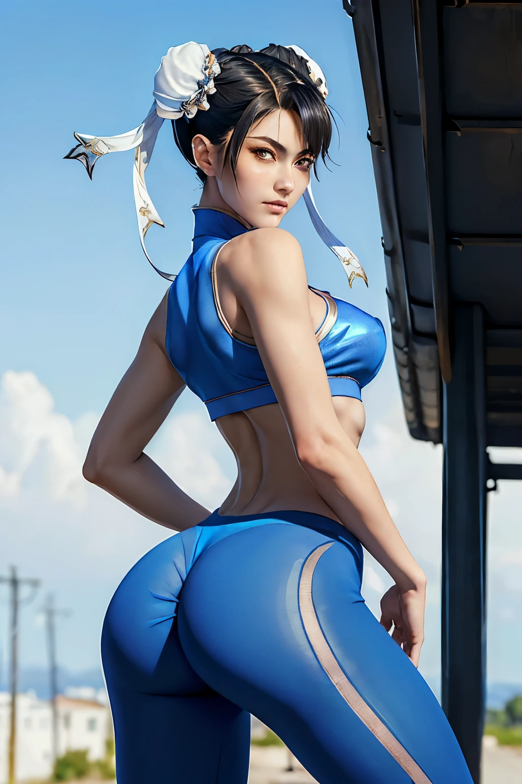 1girl,Chun Li,wearing sun glasses,black hair ,blue ayes,big butt,big boobs,detail background, detail foreground,sharpen foreground,high res,hyper realistis, ultra detail