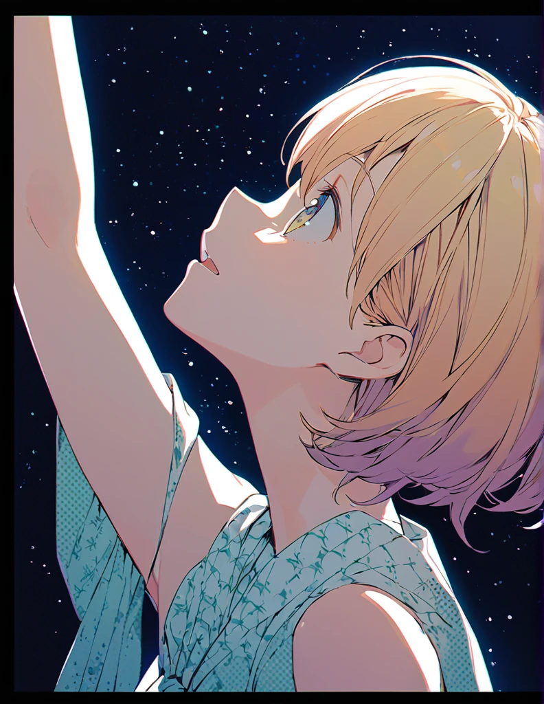 Profile of a cheerful blonde short-haired girl, side boob exposed Screentone processing Looking up at the night sky
