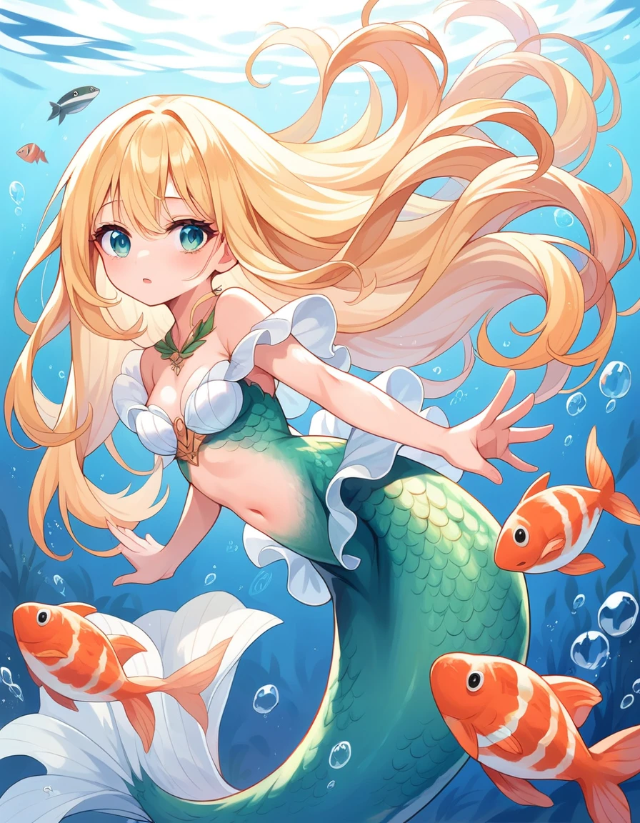 masterpiece, best quality, extremely detailed, Mermaid girl, blonde, fluffy hair, long hair, underwater, many fish,