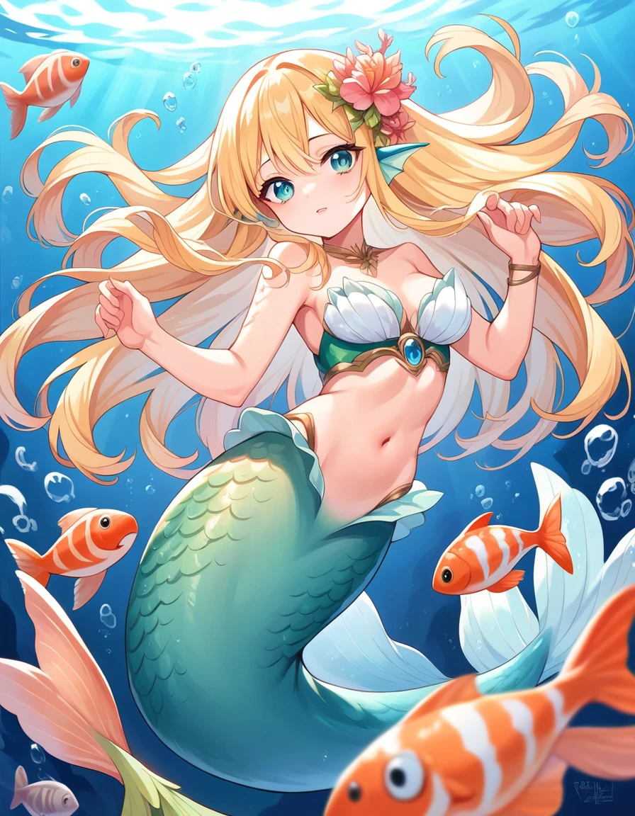 masterpiece, best quality, extremely detailed, Mermaid girl, blonde, fluffy hair, long hair, underwater, many fish,