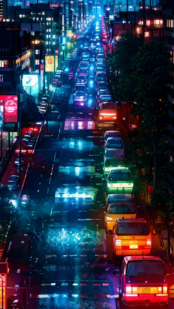 Anime Style,Night view,city,rainbow,Traffic jam,building,Traffic jam light,A lot of,