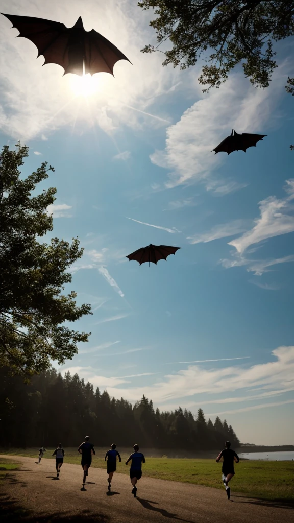 People running away from eerie creatures floating in the sky.
