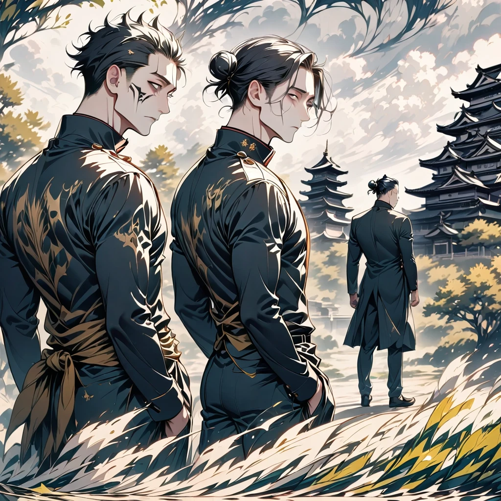 (masterpiece, best quality), intricate details, vector design, no humans, 1boy, man, black hair, , geto, suguru geto \(jujutsu kaisen\), long black hair partially tied up in a man bun while the rest drapes down his back, black eyes, dark blue gakuran jacket, matching pants, male focus, front profile, polo neck jacket, slacked pants, , black loafers, japanese castle interior background, horror scene, upper body, full body shot, no human, high saturated colors.