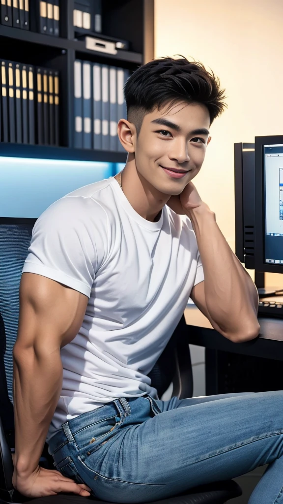 manhandsome สมจริง ธรรมชาติ เหมือนจริง , T-shirt, jeans, black short hair , outdoor , cute smile , หน้าhandsomeแบบเกาหลีสมจริง , muscle , Masterpiece、High resolution、Surreal、detailed face、alone、man、Glowing skin、(Asia)、handsome、(Sitting in the computer room:1.5)