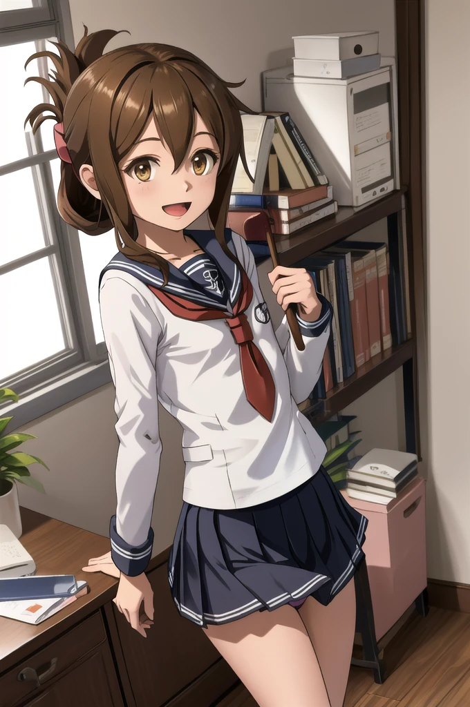 Highest quality, masterpiece, High resolution, alone, {inazuma_Kantai Collection}, brown_hair, Folded_ponytail, brown_eye, length_hair, Open_mouth, smile, School_uniform,skirt,Pleats_skirt,((Flat Chest, Small breasts)), (panties), (bra), (In underwear), (Flashy underwear), (lingerie), (indoor, office, living room), 