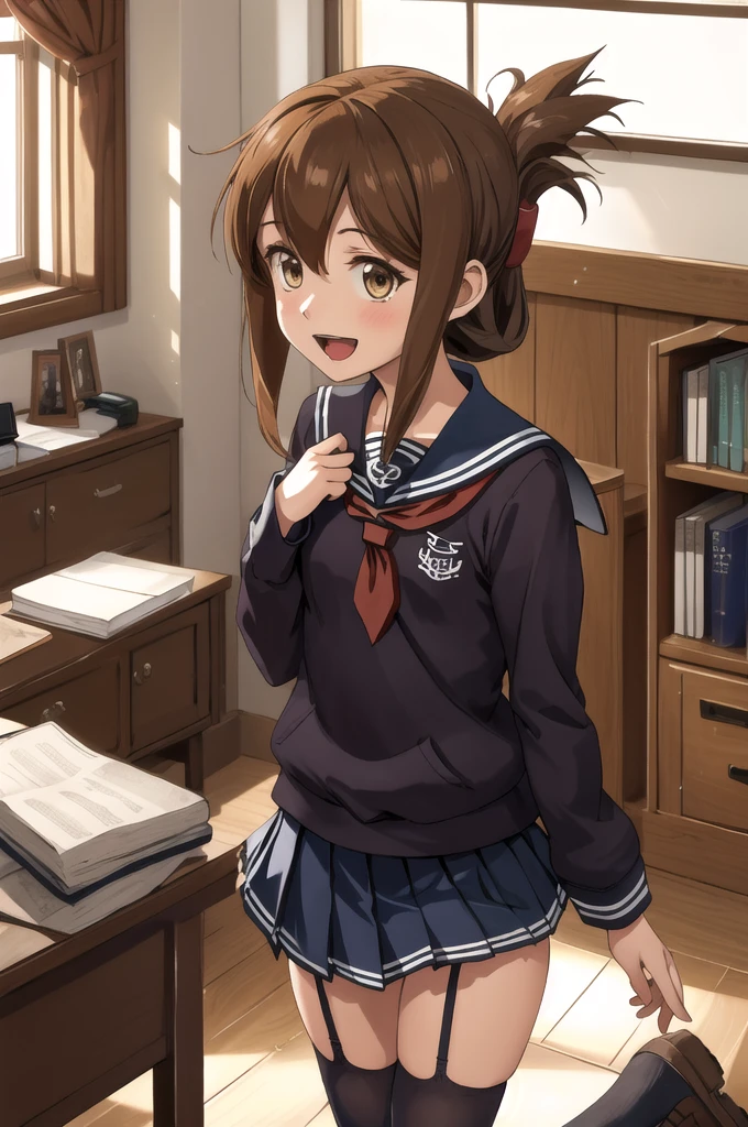 Highest quality, masterpiece, High resolution, alone, {inazuma_Kantai Collection}, brown_hair, Folded_ponytail, brown_eye, length_hair, Open_mouth, smile, School_uniform,skirt,Pleats_skirt,((Flat Chest, Small breasts)), (panties), (bra), (In underwear), (Flashy underwear), (lingerie), (indoor, office, living room), 