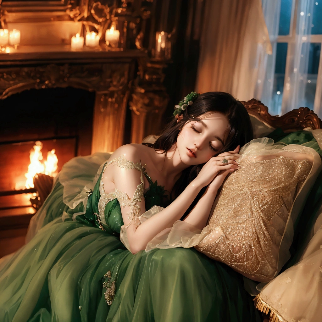 there is a woman laying on a couch in a green dress, lovely languid princess, dreamy atmosphere and drama, dreamy and ethereal, romantic dress, ethereal fairytale, ethereal and dreamy, 8k)), victorian dress, romantic gown, dreamy atmosphere, dreamy and detailed, dreamy and romantic, ( ( dark green, ethereal beauty, very magical and dreamy