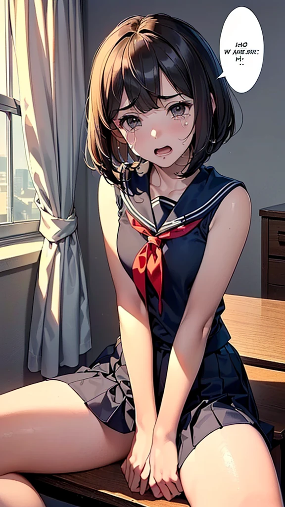 (:1.38),(14 Yd:1.68),(young Woman:1.66),(Masterpiece:1.21),(FHD),(16K),(Top Quality:1.24),(Super Resolution),(Super Illustration),(Best Shadow),(High Quality),(Super Detail:1.15), Elaborate,(1 Woman),(Japanese girl:1.1),(black hair:1.21),(big breasts:1.13),(petite:1.72)(middle hair),(bob cut),(straight hair),(copper tone hair, swept bangs, brown eyes),(drooping eyes:1.33),(big eyes:1.44),(long eyelashes:1.15), (Very dark room:1.76)),(((Middle School))),((School teacher Office)),((white Sailor uniform, white blouse, navy ribbon,black pleated skirt,white socks,black loafers)),(cartoon speech bubble:1.33),(open one's mouth:1.22),(to talk:1.2),(shy:1.68),(unpleasant feeling:1.39),(cry:1.32),(looking at viewer:1.2),(spread legs:1.51),(legs up:1.29),
