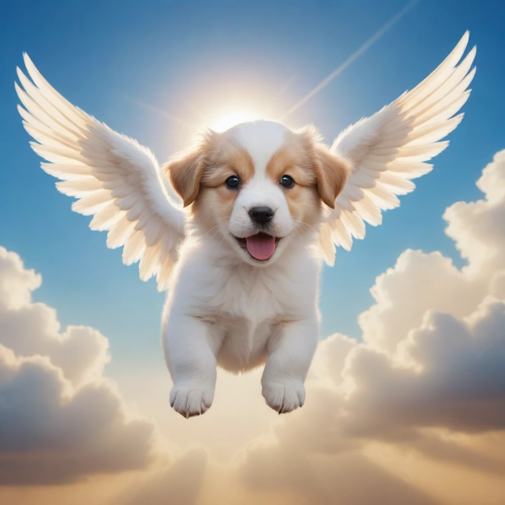 1 fluffy puppy dog, adorable puppy, cute puppy, puppy flying, puppy soaring through the sky, puppy with angel wings, puppy with feathered wings, whimsical fantasy scene, magical surreal landscape, fluffy clouds, glowing golden sun, warm pastel colors, (best quality,4k,8k,highres,masterpiece:1.2),ultra-detailed,(realistic,photorealistic,photo-realistic:1.37),digital painting,concept art style