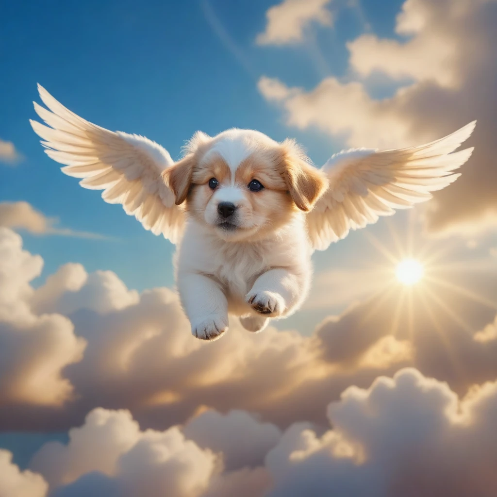 1 fluffy puppy dog, adorable puppy, cute puppy, puppy flying, puppy soaring through the sky, puppy with angel wings, puppy with feathered wings, whimsical fantasy scene, magical surreal landscape, fluffy clouds, glowing golden sun, warm pastel colors, (best quality,4k,8k,highres,masterpiece:1.2),ultra-detailed,(realistic,photorealistic,photo-realistic:1.37),digital painting,concept art style