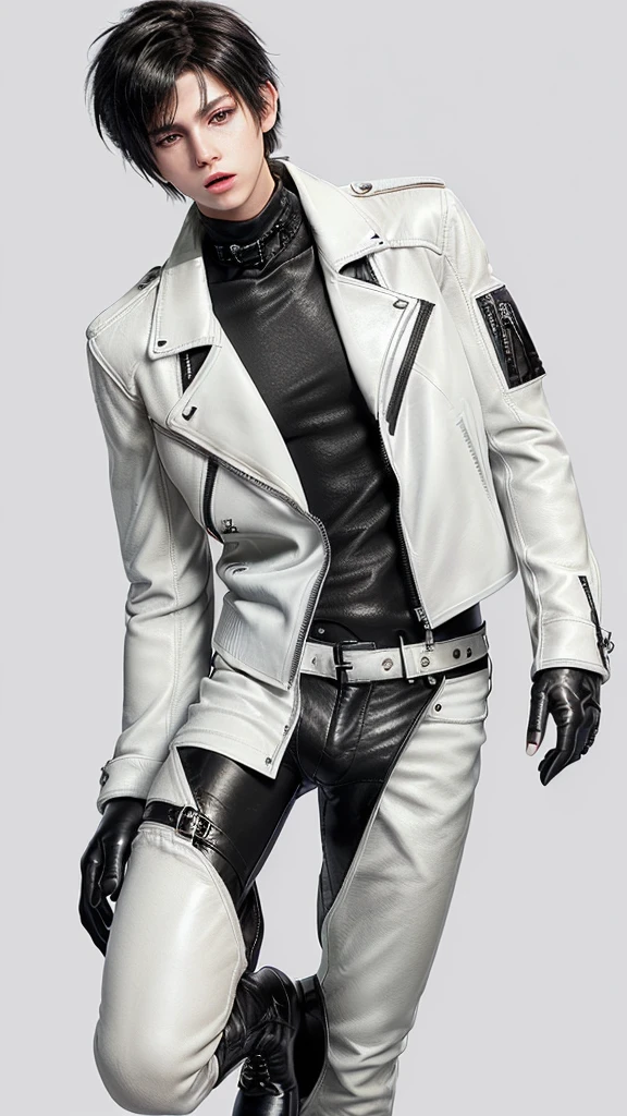 Final fantasy taste and reality graphics, ((Japanese young cute and cool ikemen  boy)), his age is early 20s, thin eyebrows and beady eyes,  ((he wearing off white color leather  thick and heavy material jacket)), ((jacket is singlebrest)), ((biker style jacket)), ((jacket is large size)),((with epaulet)), ((jacket is long sleeve)), ((zipped front of the leather jacket)), , ((voluminous leather jacket)), ,((must jacket is high length and stand-up collar)) ((jacket collar with two belts)), ((jacket is a little black color line pattern)), ((also wearing black thick material turtleneck lackluster shirts)),  ((tight black leather pants)),  ((put black leather tight and thin glove on both hands)), ((black leather knee-high raceup boots)),((must views  head-to-toe)),((must views whole body)), ,((Do not show skin from the neck down)),leather jacket leather glove and leather pants have few wrinkles, Avoid showing your innerwear,zip up jacket fastner.must put on a leather glove.
Boy is black hair.boy looks like fashion model.
