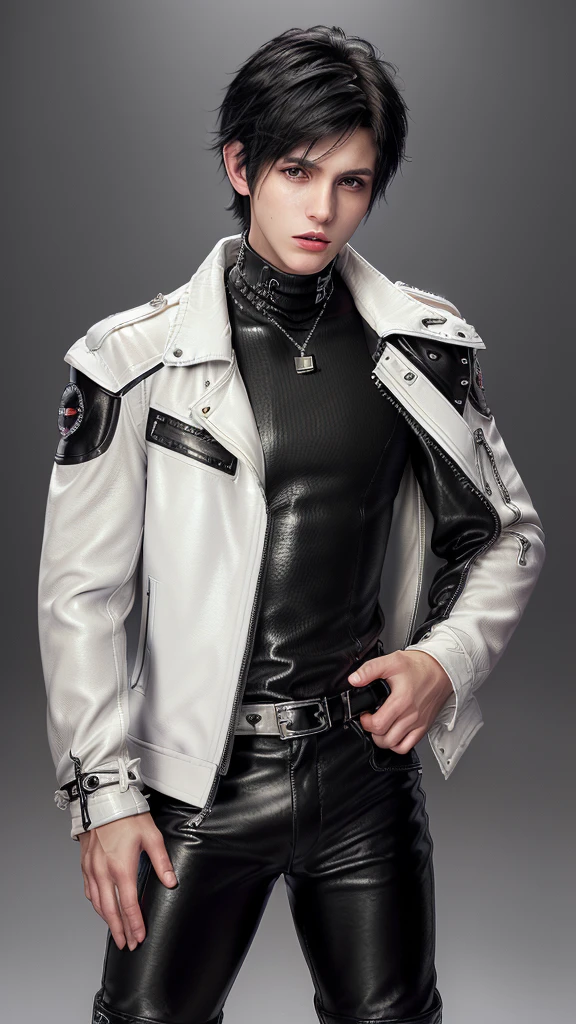 Final fantasy taste and reality graphics, ((Japanese young cute and cool ikemen boy)), his age is early 20s, thin eyebrows and beady eyes, ((he wearing off white color leather thick and heavy material jacket)), ((jacket is singlebrest)), ((biker style jacket)), ((jacket is large size)),((with epaulet)), ((jacket is long sleeve)), ((zipped front of the leather jacket)), , ((voluminous leather jacket)), ,((must jacket is high length and stand-up collar)) ((jacket collar with two belts)), ((jacket is a little black color line pattern)), ((also wearing black thick material turtleneck lackluster shirts)), ((tight black leather pants)), ((put black leather tight and thin glove on both hands)), ((black leather knee-high raceup boots)),((must views head-to-toe)),((must views whole body)), ,((Do not show skin from the neck down)),leather jacket leather glove and leather pants have few wrinkles, Avoid showing your innerwear,zip up jacket fastner.must put on a leather glove.
Boy is black hair.boy looks like fashion model.