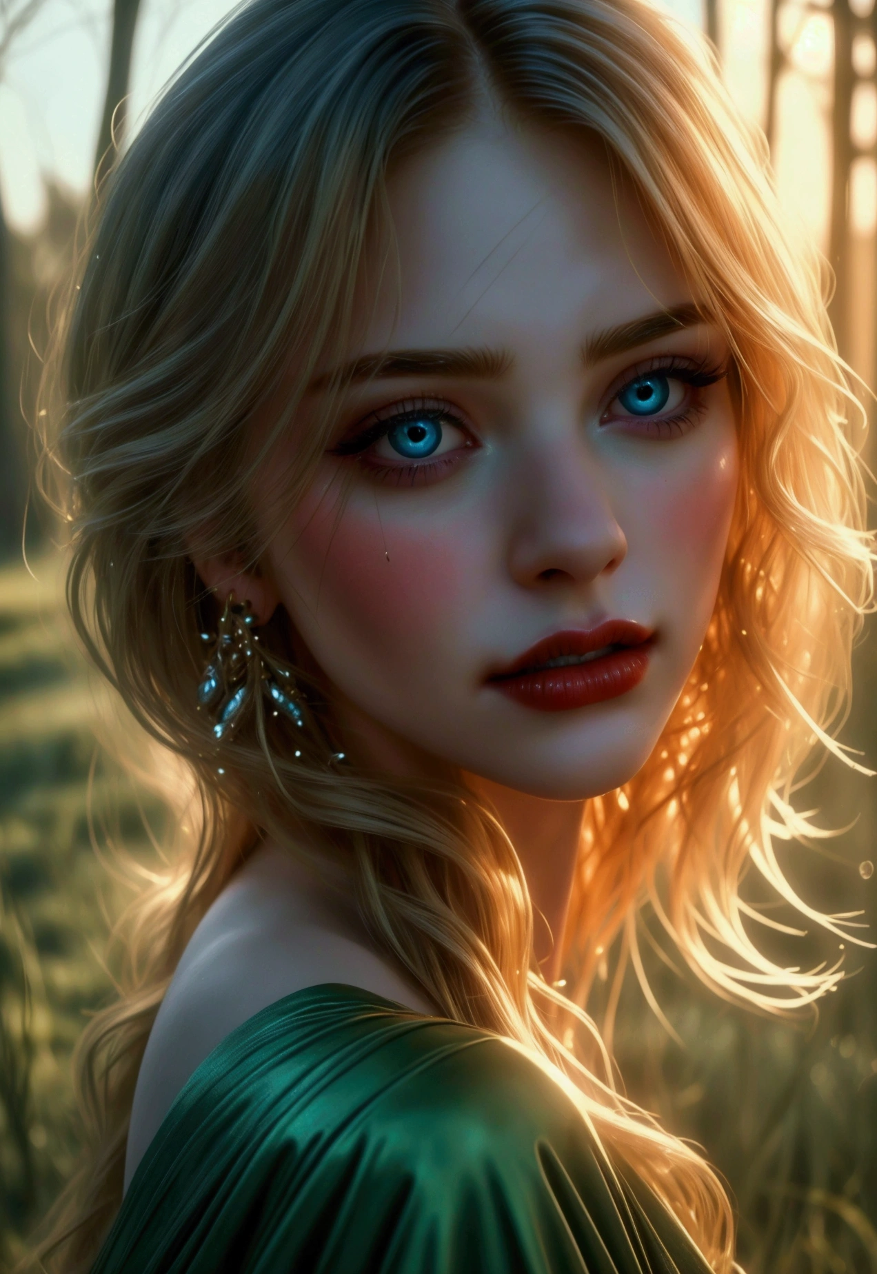 (((ultra realistic))) Photo, masterpiece, top quality, (pale skin), (Ultra detailed face and eyes:1.3), 1 girl, Adult, Retro style, beautiful female model, glamorous body, plump body, long haired person, Wavy Hair, blonde, smooth skin, blue eyes, enchanting smile, dark makeup, red lips, (melancholy:1.2), longing girl in green field, tender gaze, sad but beautiful expression, natural landscape, photorealistic, highly detailed, dramatic lighting, vibrant colors, serene, emotional, intimate portrait