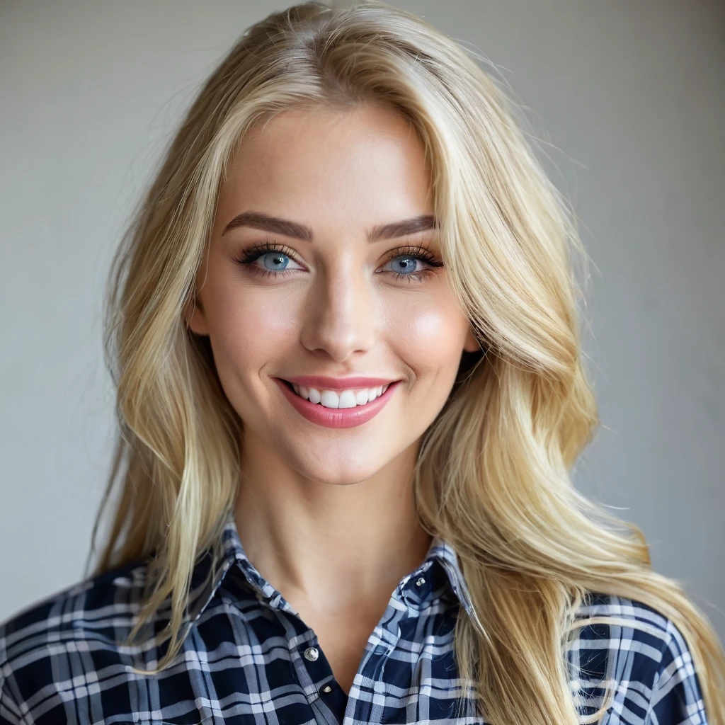 Beautiful woman, realistic eyes, realistic face, long blonde hair, 25 years old, model, full lips, smiling, special camera angle, sexy shirt
