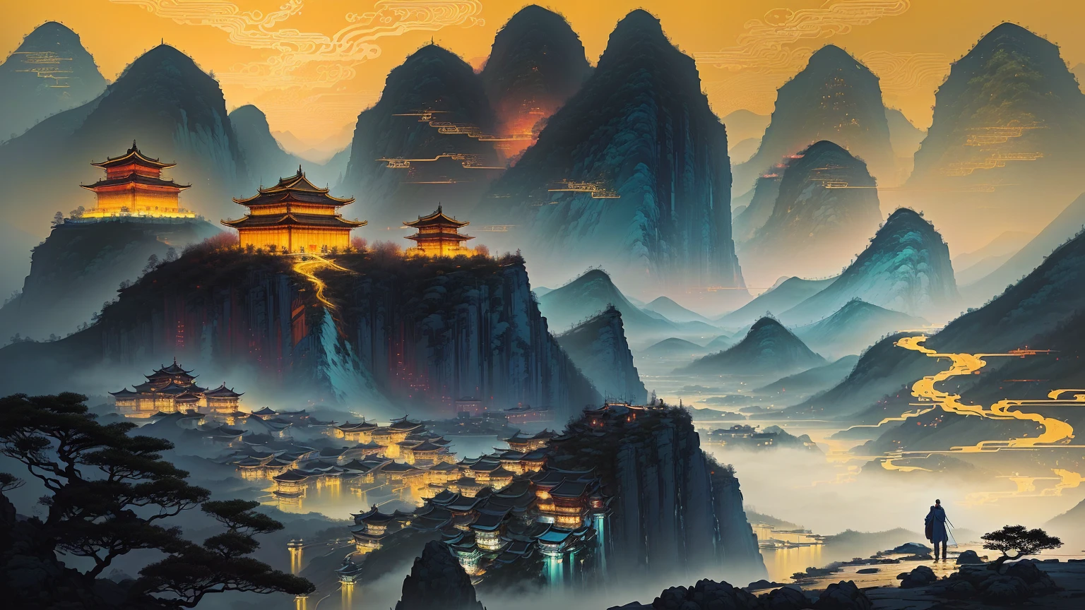 painting of a man standing on a mountain with a river, chinese landscape, inspired by Victo Ngai, cyberpunk chinese ancient castle, by Yang J, chinese fantasy, by Qiu Ying, victo ngai style, by Qu Leilei, dreamy chinese town, g liulian art style, by Ni Zan, by Sheng Maoye, chinese surrealism