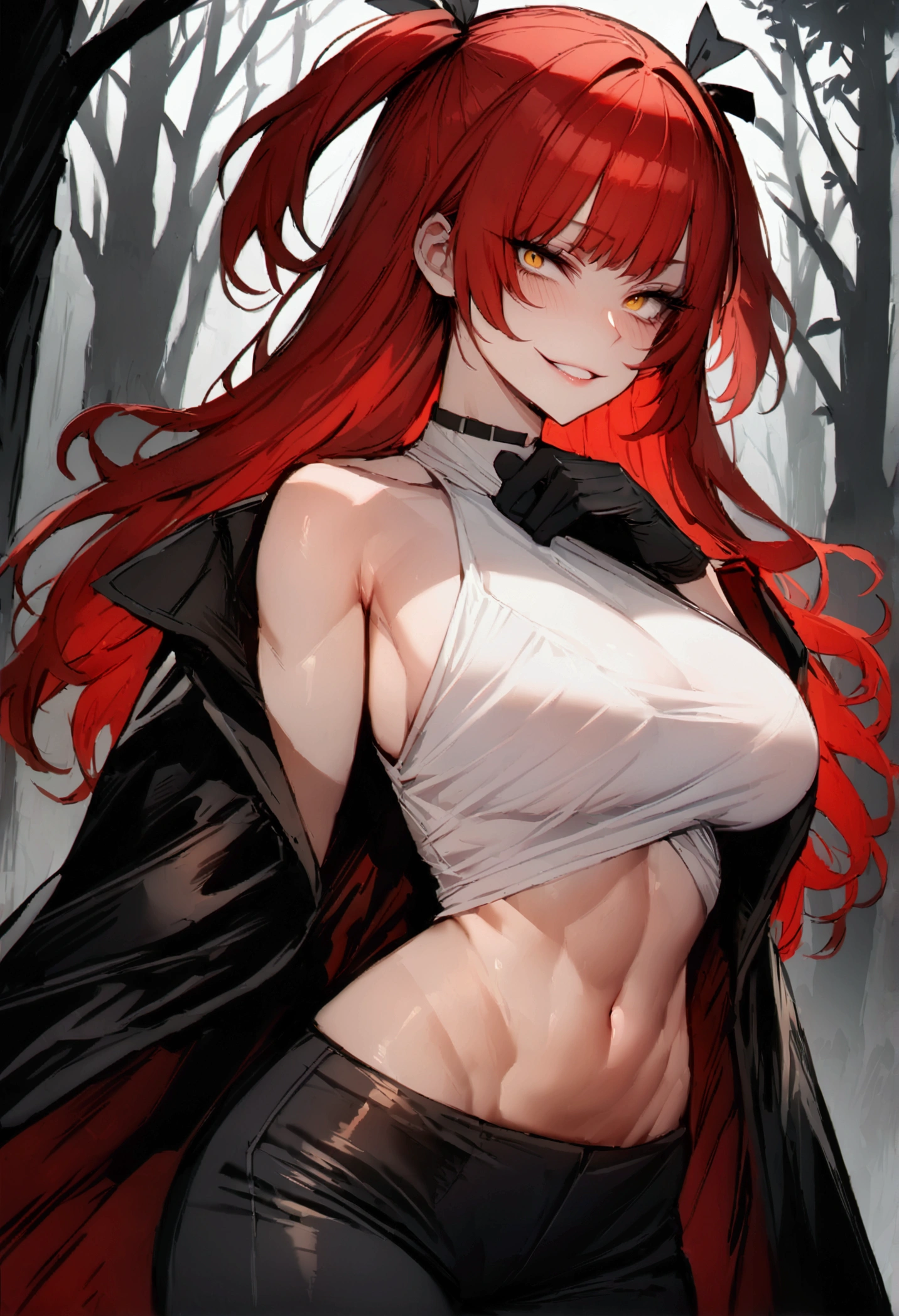 masterpiece, best quality 1girl, solo, beautiful woman, messy bangs, red hair, long hair, hair two side up by black bows , yellow eyes, grin, large breasts, toned stomach, white tank top, long black coat, figureless black gloves, black pants, fantasy looking at viewer, woods background